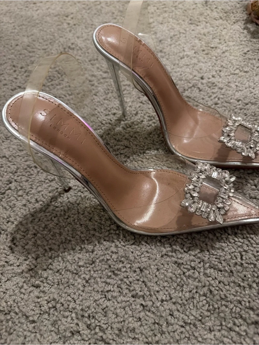 Crystal Buckle Clear Stiletto Mule in Nude